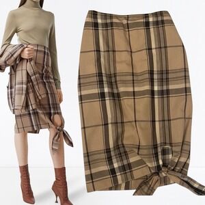 Burberry Tie Knot Hem Plaid Pencil Skirt Tan Brown Check Size 4 Womens Luxury
